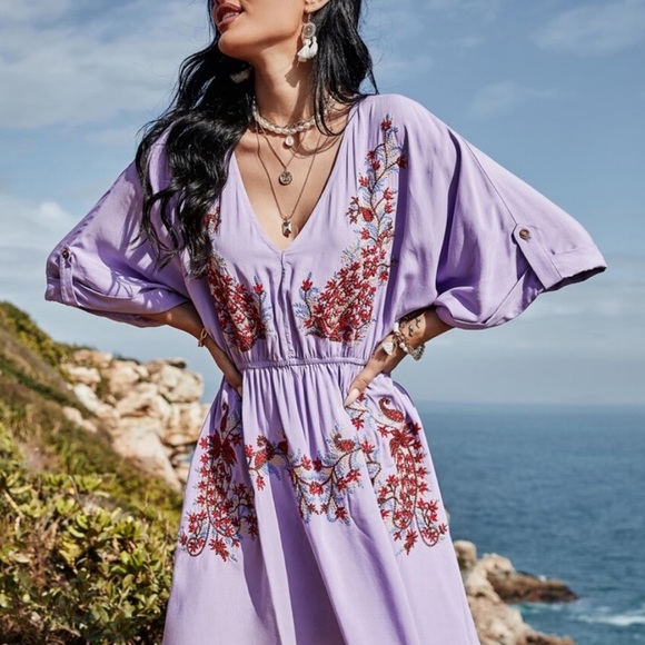 Boho off shoulder floral embroidered spring dress - Picture 4 of 8